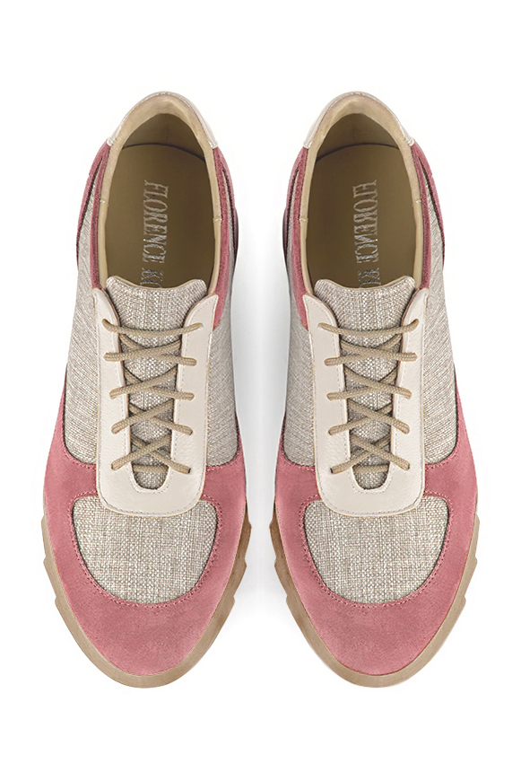 Dusty rose pink, natural beige and off white women's three-tone elegant sneakers. Round toe. Low rubber soles. Top view - Florence KOOIJMAN